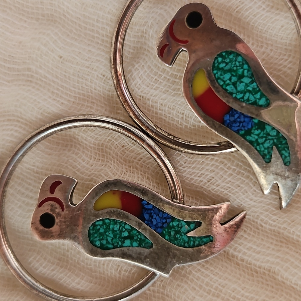 Colorful Parrot Inlay Hoop Drop Earrings - Picture 4 of 8